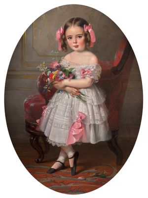portrait d'une jeune fille en robe blanche tenant un bouquet de fleurs