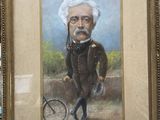 painting of a man in a suit with a bicycle in front of him
