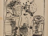 un vieux dessin représentant un homme assis sur une chaise à côté d'un chat