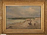 une peinture à l'huile représentant une scène de plage avec des personnes et des chevaux sur le sable