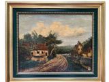 an oil painting of a country road with a house and trees