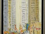 an oil painting of a city street with buildings and cars