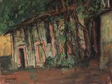 une peinture à l'huile représentant un bâtiment d'où jaillit un arbre sur le côté