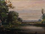 tableau représentant un homme debout au bord d'une rivière, avec des arbres en arrière-plan
