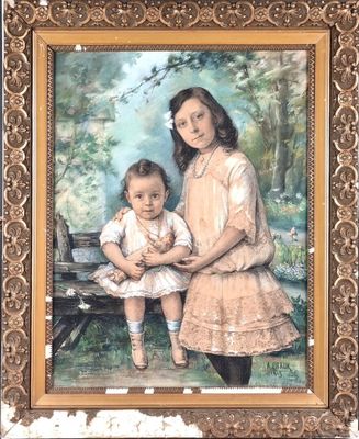 tableau représentant une mère et son enfant assis sur un banc dans un parc