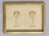 drawing of a pair of lamps in a gold frame on a white wall