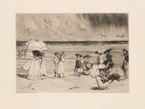 drawing of a group of people standing on a beach with umbrellas