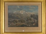 painting of a mountainous landscape with cattle in the foreground and mountains in the background