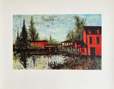 a painting of a train on the tracks by the water