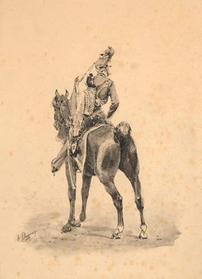 a drawing of a man riding a horse on the beach