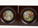 two framed pictures of a woman and a child in a garden