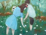 tableau représentant deux enfants jouant dans un champ de marguerites