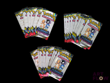 four packs of pokemon trading cards on a black background