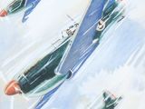 painting of a group of fighter jets flying through the sky
