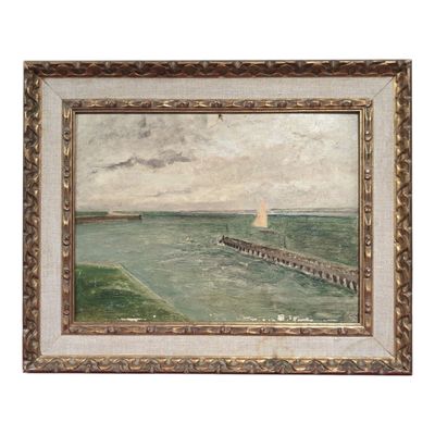 an image of a painting of a pier with a boat in the water