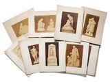several antique photographs of statues are arranged on a white surface