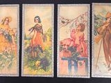 quatre cartes postales anciennes représentant des femmes avec des fleurs et un homme coiffé d'un chapeau