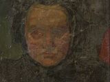 un vieux tableau représentant une femme vêtue d'une robe noire et portant une capuche