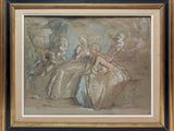 une peinture représentant un groupe de personnes assises autour d'une table