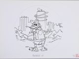 drawing of a man with a backpack and a dog in a city
