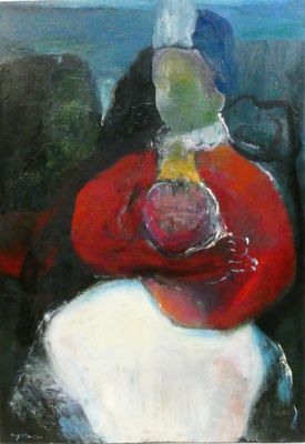 painting of a woman in a red coat holding a baby in her arms