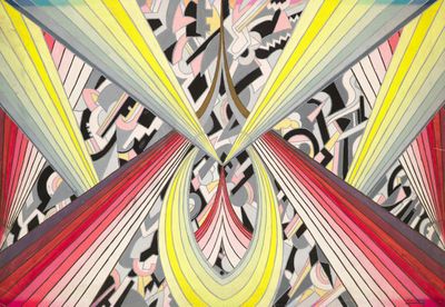 une peinture abstraite représentant un motif multicolore avec une étoile au centre