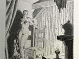 un dessin représentant une femme nue debout dans une pièce