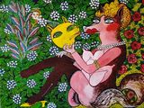 un tableau représentant une femme assise dans un jardin avec un chat