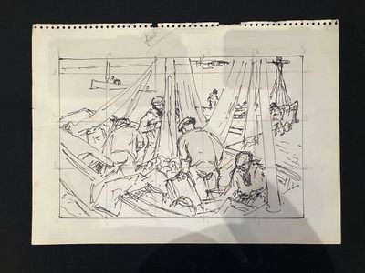 drawing of a group of people in a boat on a body of water