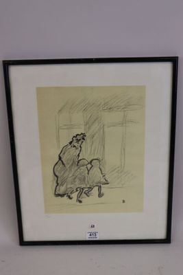 framed drawing of a woman sitting on a chair in a room