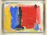 une peinture abstraite représentant un carré rouge, jaune et bleu