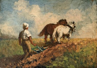 painting of a man plowing a field with two horses and a plow
