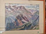une photo d'un tableau représentant des montagnes, dans un cadre