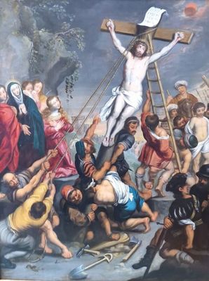 tableau représentant Jésus crucifié sur la croix avec d'autres personnes