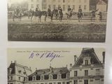 two black and white photos of horses and people in front of a building