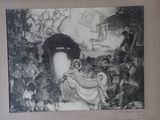 an old black and white photo of a woman sitting in a chair in front of a group of people