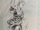 a drawing of a woman in a dress with wings on her head