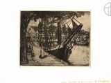 a drawing of a boat in the water by a tree