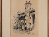 drawing of an old building with a clock tower in the middle of it