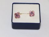 une paire de boucles d'oreilles en cristal rose dans un coffret bleu posé sur une surface blanche