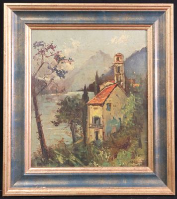 une peinture à l'huile représentant une église sur une colline surplombant un lac