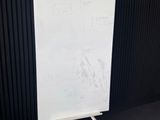 un tableau blanc sur lequel sont écrites des notes, devant un mur noir