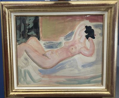 un tableau représentant une femme allongée sur un lit avec un ours en peluche