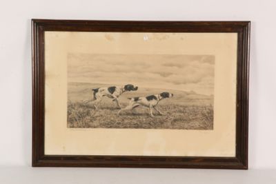 painting of two dogs running in a field with a sky in the background