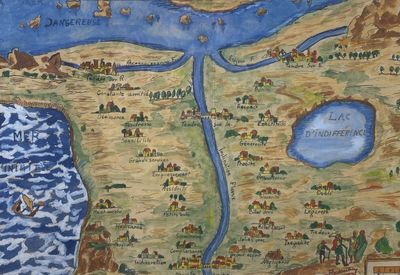 painting of a map of a small town with a river running through it