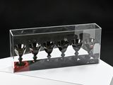 five wine glasses in a clear box on a table