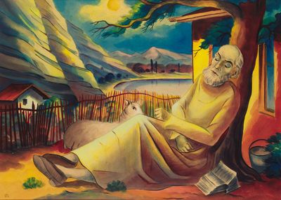 painting of a man sitting under a tree reading a book