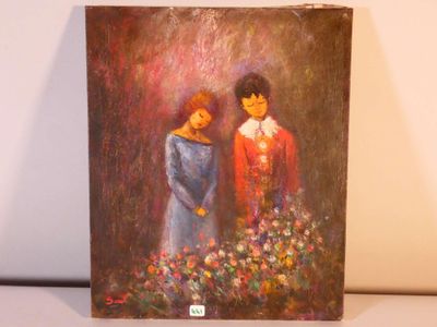 painting of a couple standing in a garden with flowers on a table
