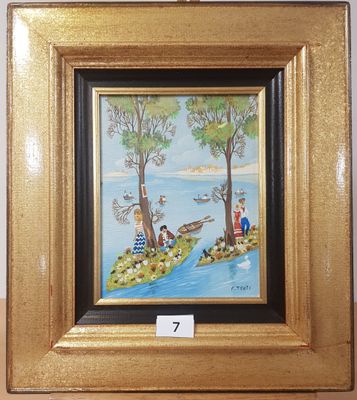 tableau représentant un homme et une femme en train de pêcher sur un lac bordé d'arbres
