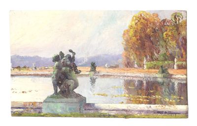 a painting of a statue in the middle of a lake